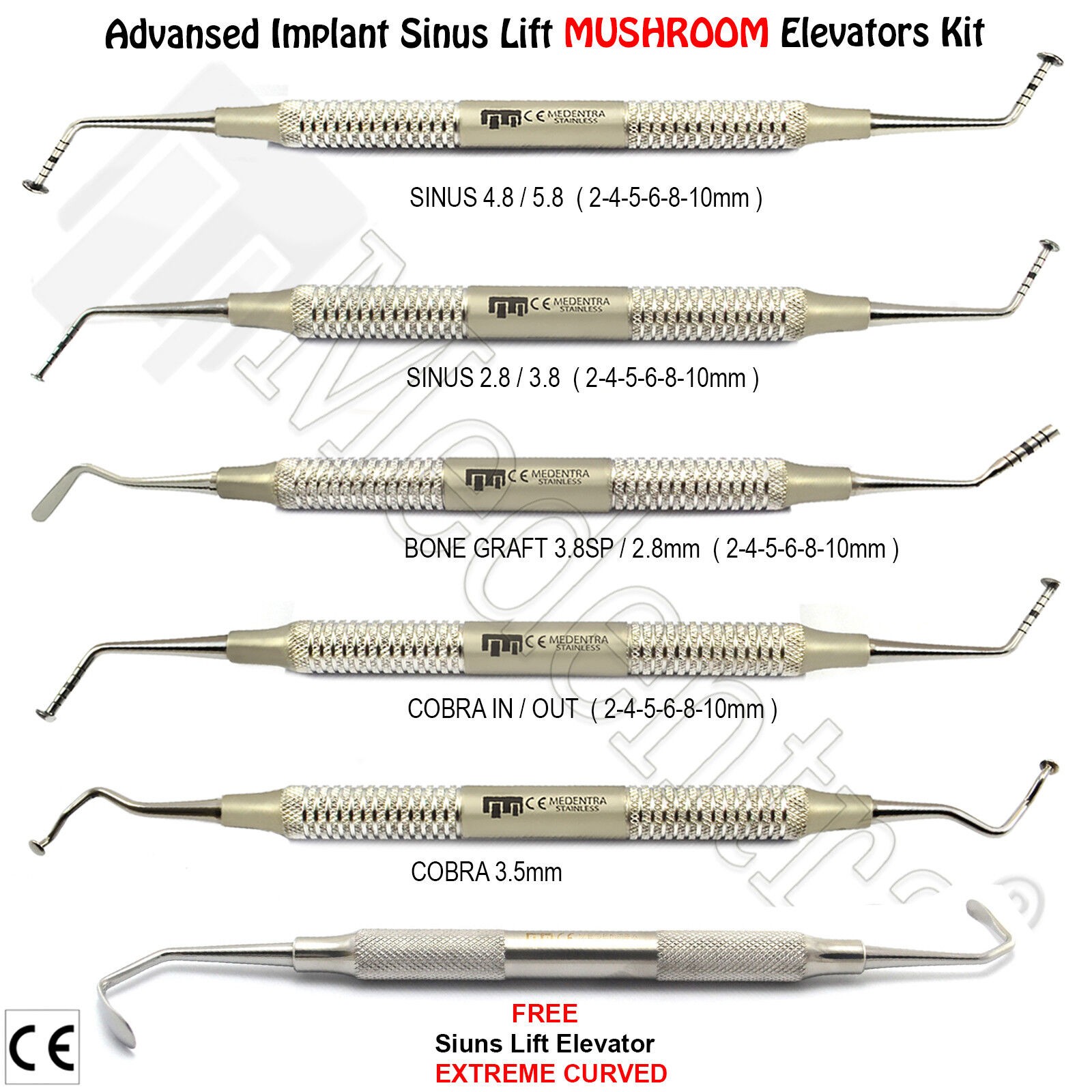Dental Sinus Lifting Instruments Mushroom Sinus Lift Elevators Curettes Curved Set of 5 Instruments