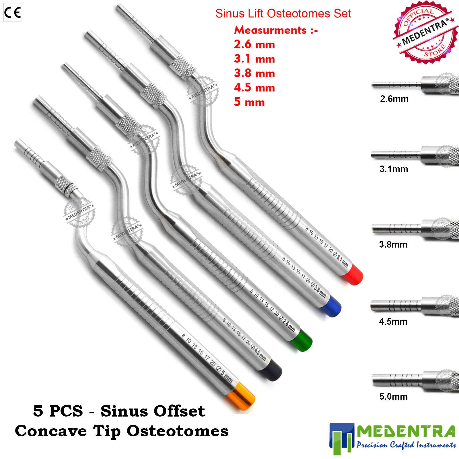 Osteotome Sinus Lift Offset Concave Tip Bone Implant Instruments 5 Instruments Set