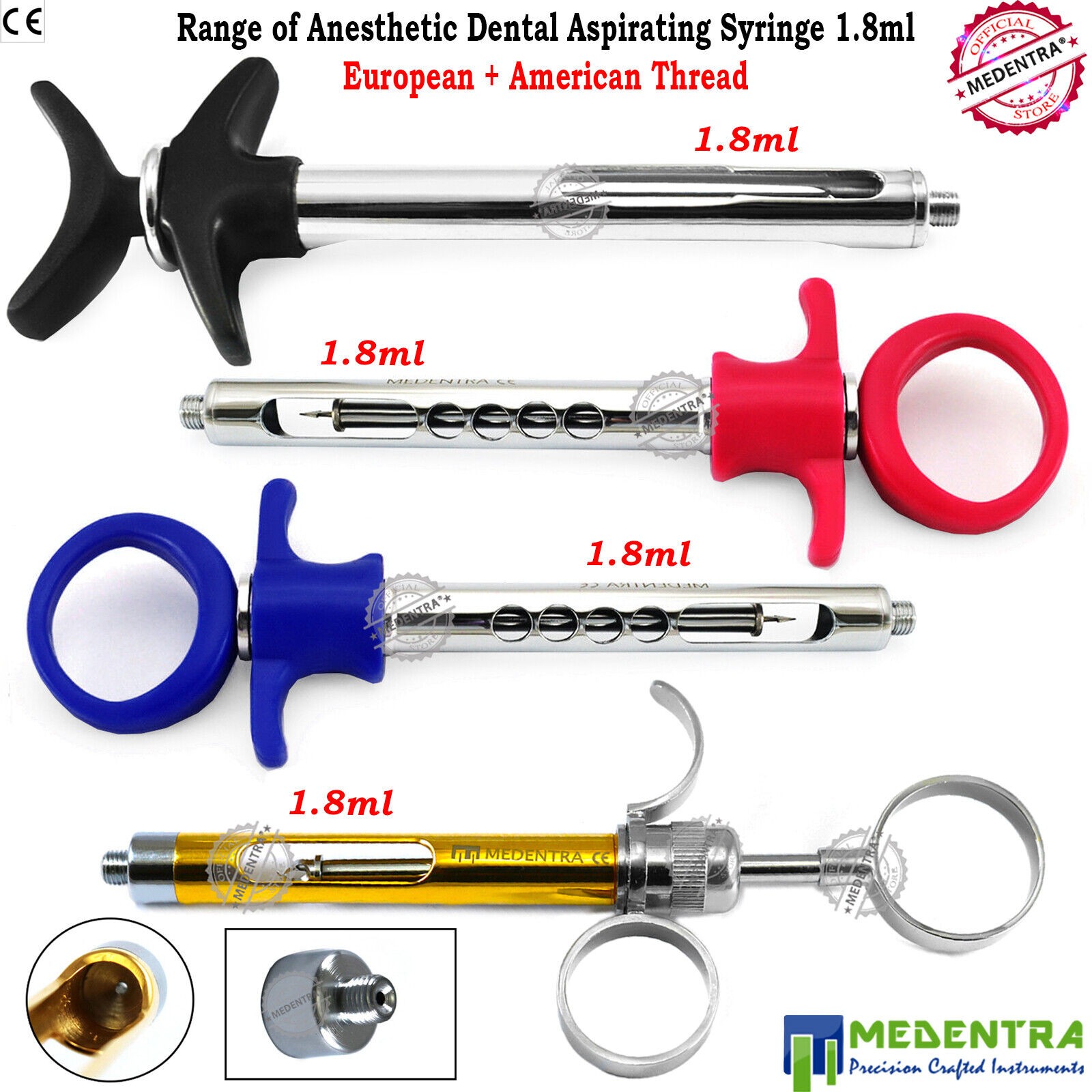 Dentist Aspirating Syringes 1.8ml Anaesthesia Stainless Steel Syringe Anesthetic