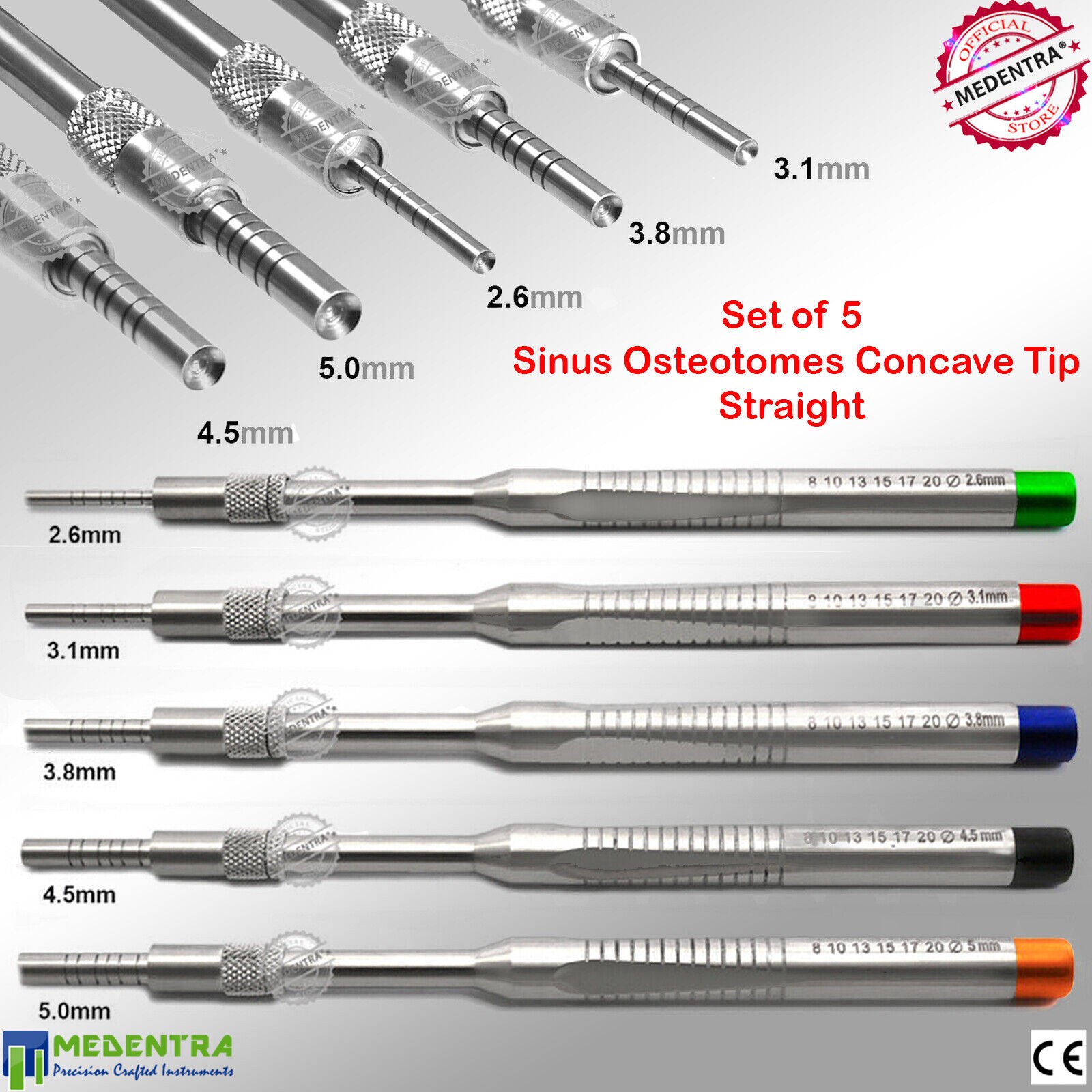 Sinus Lift Osteotomes Concave Kit Dental Bone Spreading Offset Straight 5 Pcs Set
