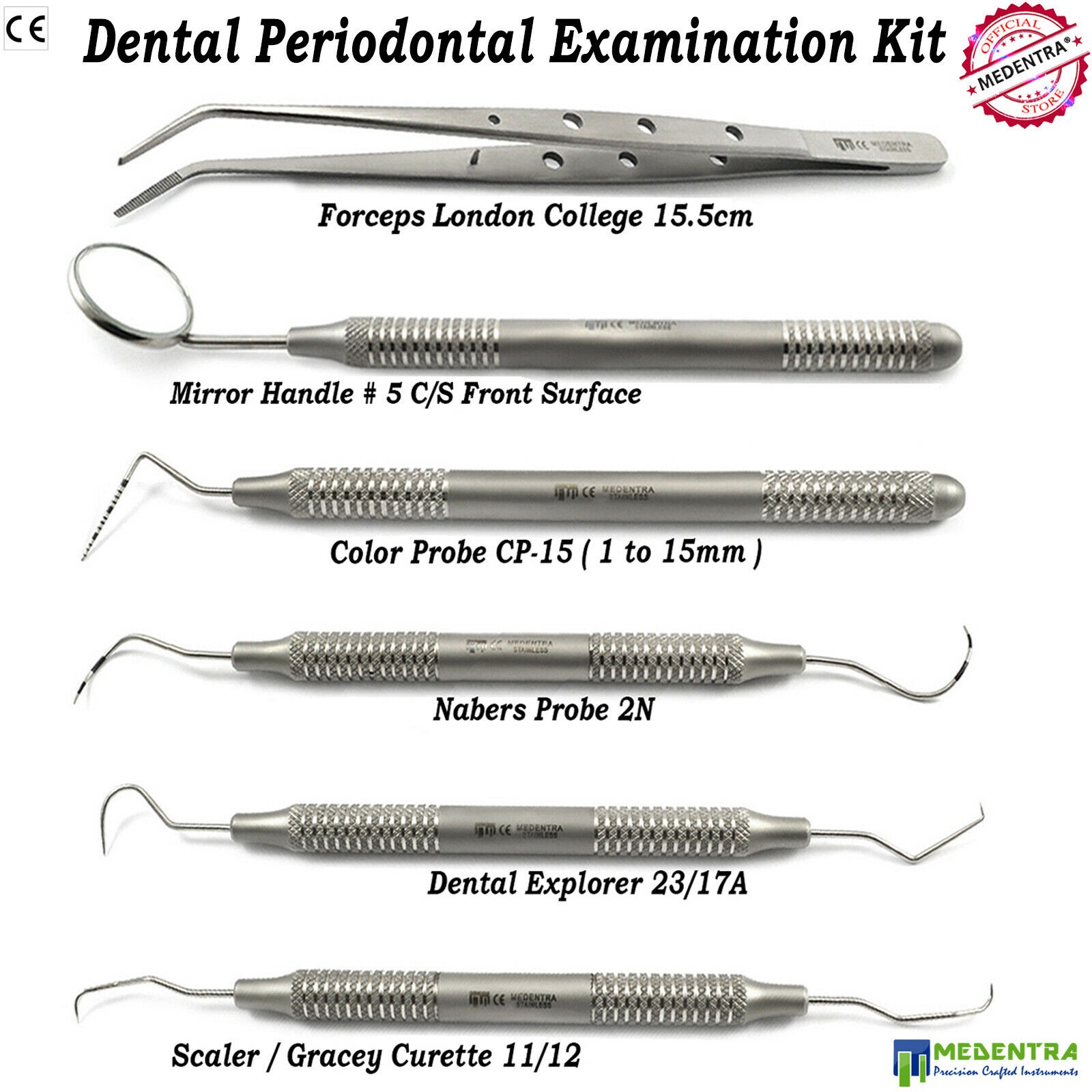 Dental Exam Tools Pocket Probes Mouth Mirror Handle Cotton Tweezers