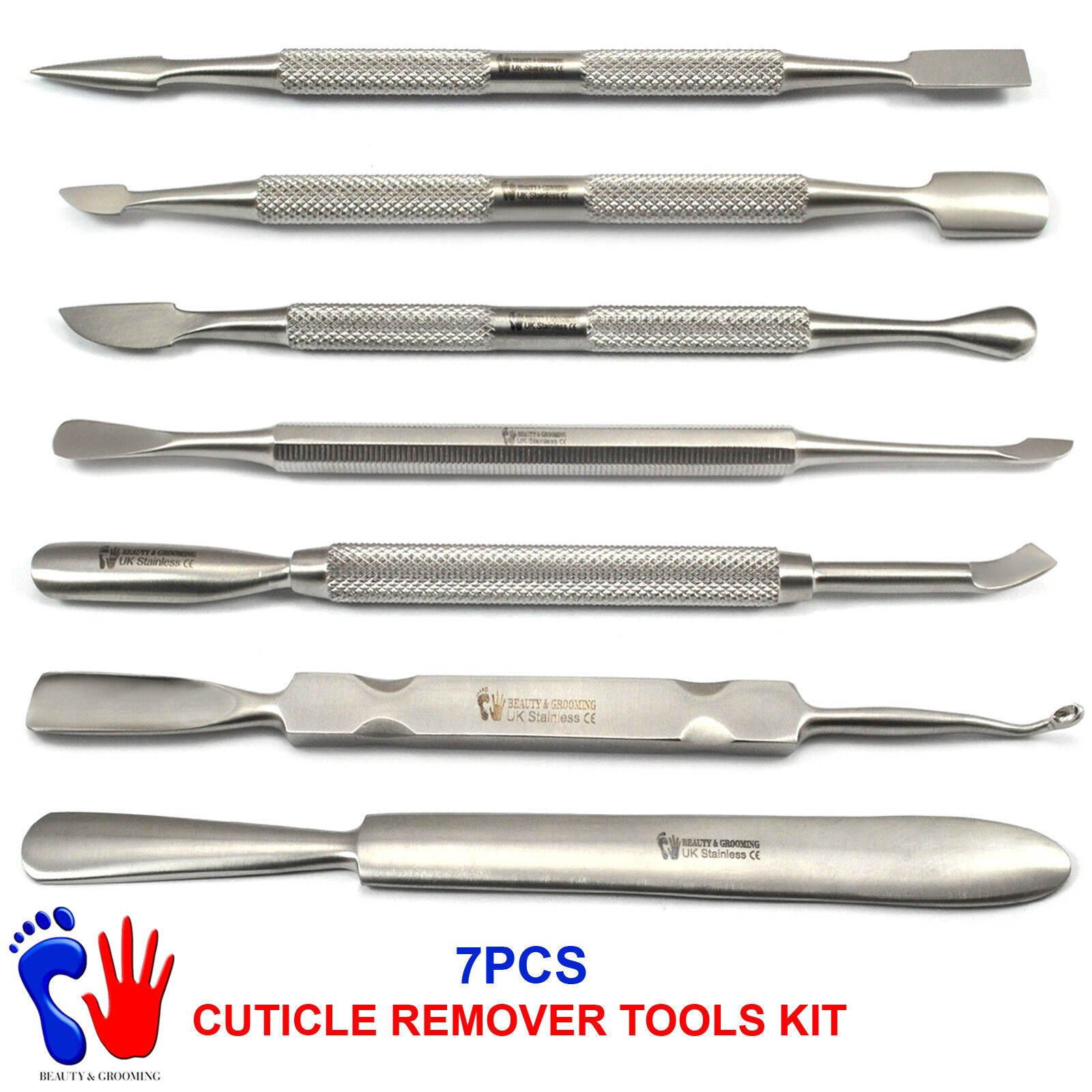 Set of 7 New Nail Pusher Cuticle Remover Manicure Pedicure Stainless Steel Tools