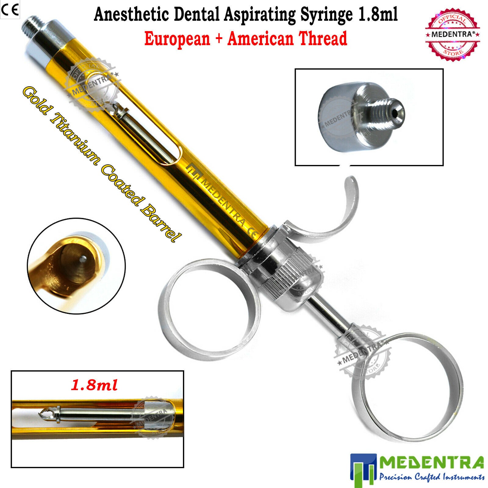 Dental Syringe Aspirating Anesthetics 1.8ml Gold Coated Barrel AMR+EUR Thread CE